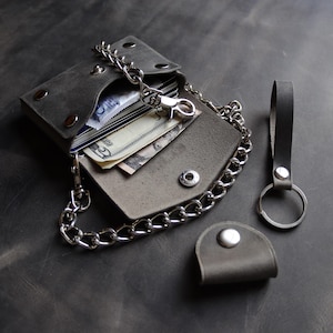 Cartera pequeña de motociclista gris con cadena - Tarjetero de cuero - Cartera minimalista - Para llevar en la mano o en el bolsillo - Ideal para todos