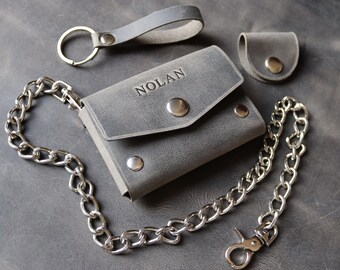 Wallet with Chain Set - Biker Minimalist Style - Genuine Leather - Personalized - Stainless Steel Hardware -