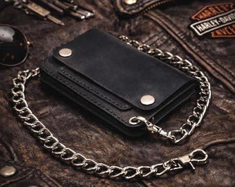 Black Trucker Wallet - Handmade Leather Biker Chain Wallet - Stainless Steel Hardware - Custom Order
