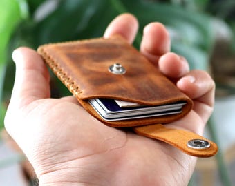 Cross Stitched Minimal Leather Card Holder / Snaps Lock / High Capacity / Vertical Design / Gift Keychain