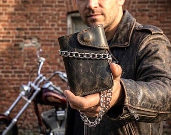 Biker Wallet with Chain – Handmade – Crazy Horse Leather - Motorcycle Gift for Him