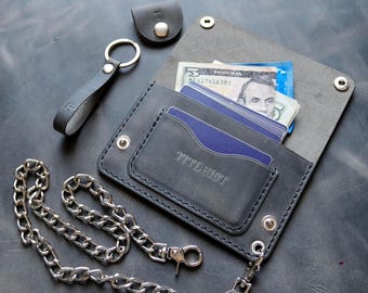 Handmade Gray Leather Biker Wallet with Stainless Steel Chain