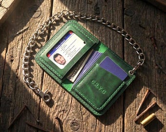 Biker Chain Wallet with ID Window - Crazy Horse Leather - Handmade - Motorcycle Gift for Him