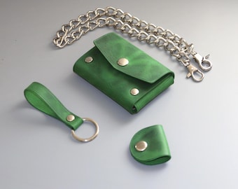 Ręcznie robiony skórzany portfel na łańcuszku, styl motocyklowy, minimalistyczny uchwyt na karty motocyklowe, EDC