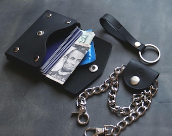 Small Chain Wallet - Handmade Leather Wallet - Biker Wallet Style - Personalized Leather Card Wallet - Minimalist and Horizontal Style