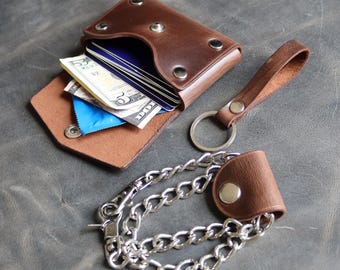 Italian Leather Wallet with Chain and Snap / For Men or Women / Minimal Biker Style / Rivet Wallet Design / Small Wallet with Chain