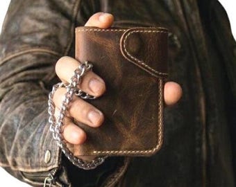 Handmade Biker Wallet with Chain - Crazy Horse Leather - Motorcycle Gift for Him
