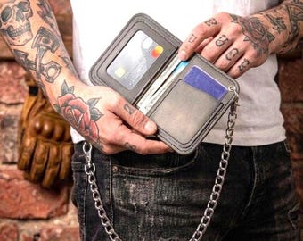 Biker Chain Wallet with ID Window - Crazy Horse Leather - Handmade - Motorcycle Gift for Him
