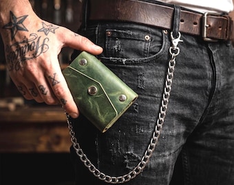 Handmade Leather Chain Wallet, Biker Style, Minimalist Motorcycle Card Holder, EDC