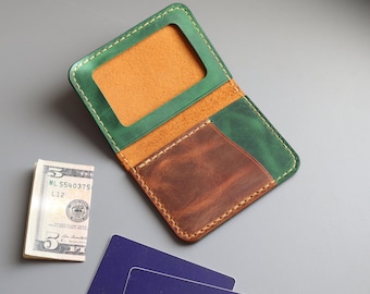 Etui na dowód osobisty: minimalistyczny skórzany uchwyt na karty - mały rozmiar - ręcznie robiony - kolor zielony i brązowy