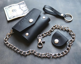 Spersonalizowany skórzany portfel motocyklowy z łańcuszkiem ze stali nierdzewnej