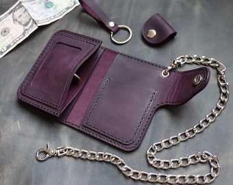 Portafoglio viola con catena - Stile motociclista - Vera pelle - Personalizzabile - Componenti in acciaio inossidabile -