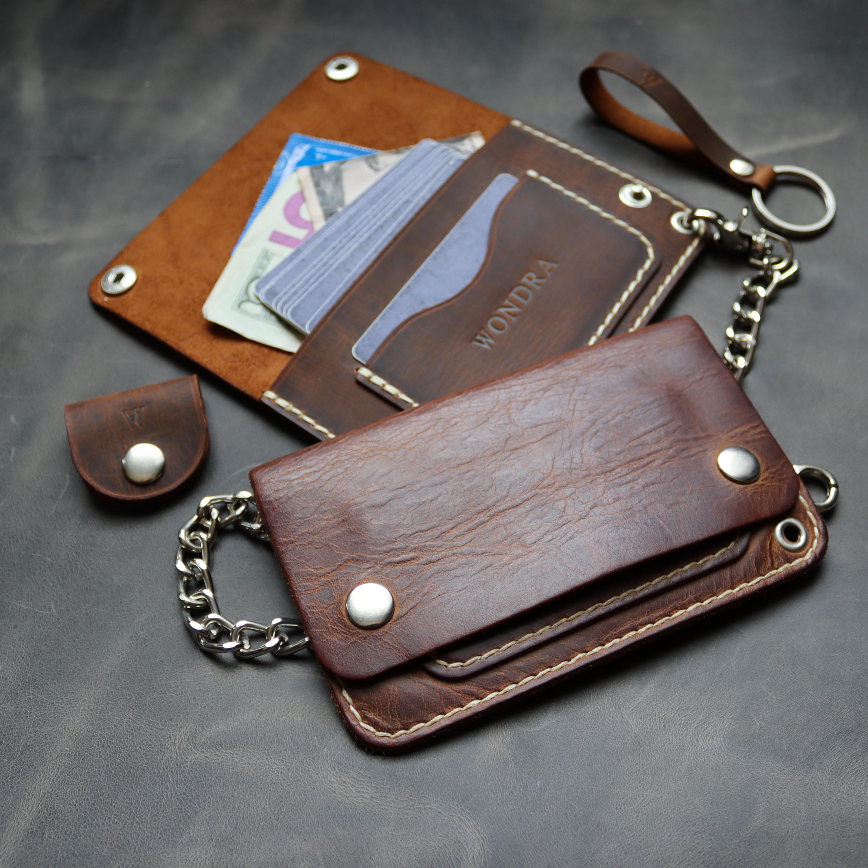 Handmade Biker Wallet With Stainless Steel Chain For Men or Women / Hand Stitch Detail- Perfect Your Brown Leather / Motorcycle gifts