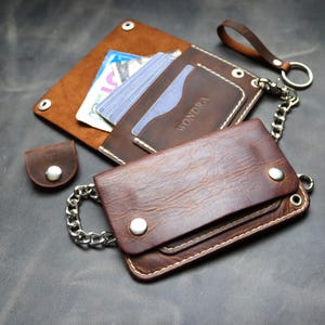 Handgemaakte leren bikerportemonnee met roestvrijstalen kettingset