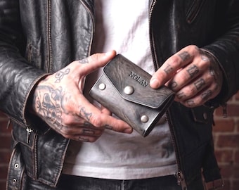 Handmade Leather Card Holder - Genuine Crazy Horse Leather Wallet - Chain Set Option