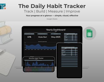 Daglig vanespårare, mörkt tema, kalkylblad för aktivitetshanteraren, att-göra-lista (digital nedladdning av Google Sheets), produktivitet, rutin och mål
