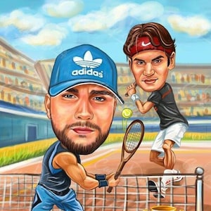 Karikaturen van tennisspelers | Volledig op maat gemaakte tennisspelerkarikatuur van foto, cadeau voor tennisspeler