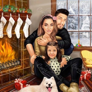 Romantic Christmas Family Caricature | Order Christmas Caricature