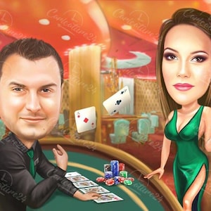 Caricatura de cassino personalizada, retrato digital, caricatura de jogos de azar, caricatura personalizada de foto, caricatura de Las Vegas, presente para jogador de pôquer