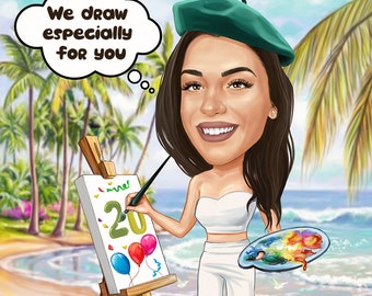 Caricatura completamente personalizzata da foto - Disegnata a mano - Sfondo e dettagli completamente personalizzati - Progettato sulla tua idea unica