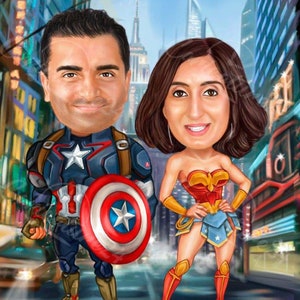 Superheroes Portrait| Hand-Drawn Digital Caricature| Couple Caricature| Caricature From Photo| Personalized Caricature| Personalized Gifts