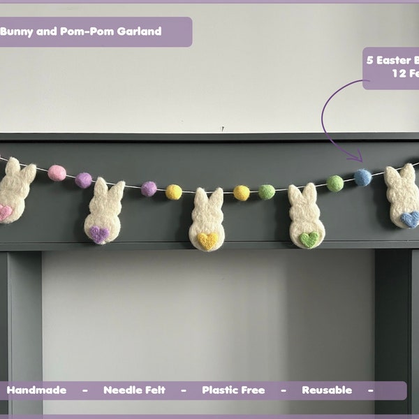 Handmade made Felt Easter Bunny garland | Easter garland | plastic free decoration | Easter decoration | felt balls