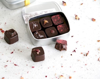 Artisan Vegan Dark Chocolate Bonbons: Raspberry, Cardamom Rose, Sea Salt (6 pc). Vegan.