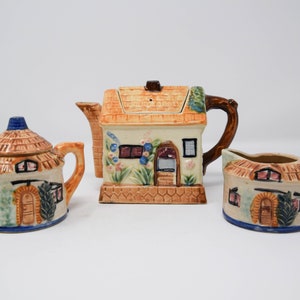 Sadek Vintage Thatched Roof Teapot House Set with Creamer and Sugar Bowl