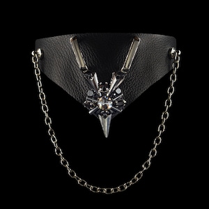 Goth Style Leather Choker Necklace | Handmade Embroidered Crystal & Hematite Stones | Dark Elegant Jewelry