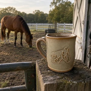 May include: A ceramic mug with a light tan glaze and a brown rim, featuring a debossed horse head design on the front. The mug has a curved handle and a cylindrical body, showcasing a textured finish consistent with handcrafted pottery.