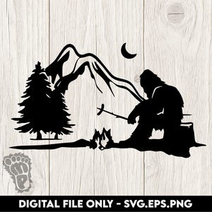 Bigfoot Sasquatch Campfire with Mountains - SVG, PNG, EPS Digital Files