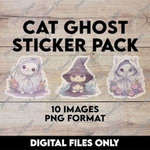 Zestaw naklejek Cat Ghost | 10 PNG | Urocze koty na Halloween w prześcieradłach i kapeluszu czarownicy Clipart