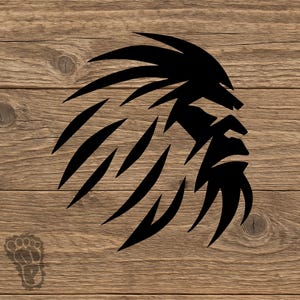 May include: Black silhouette of a lion's head with a flowing mane, set against a wood grain background. The design features sharp, stylized lines, creating a dynamic and bold visual. The image is suitable for wall art or decals.