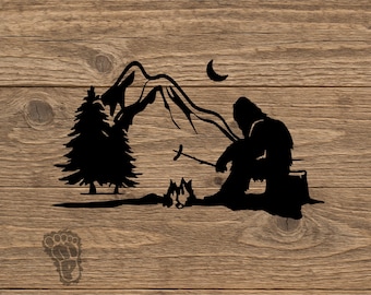 Bigfoot Campfire Decal – Sasquatch Roasting Hot Dog Under Starry Sky