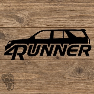 May include: Black silhouette of a 4Runner SUV with the word "RUNNER" in bold, stylized font. The image is set against a wood grain background, creating a rustic aesthetic. A small paw print logo is in the lower left corner.