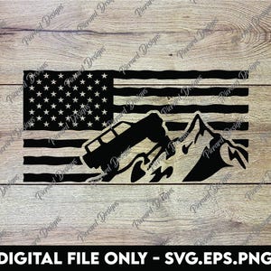 Aventuras todoterreno te esperan con el Ford Bronco de sexta generación en la montaña con bandera (archivos SVG, PNG y EPS)