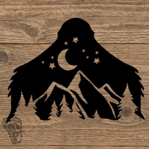 Bigfoot Bust Decal with Mountain Sky Cutout – Sasquatch Silhouette Vinyl Sticker
