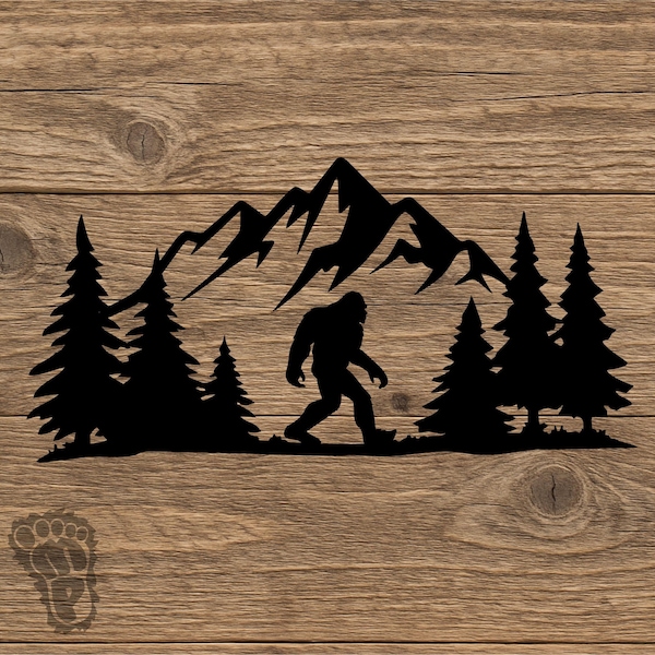 Bigfoot Mountain Decal - Sasquatch with Forest and Peaks Background