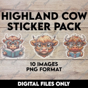 Sticker lecture vache Highland | 10 PNG | Clipart d'animaux de la ferme livresques pour travaux manuels et agendas