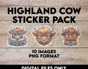 Highland Kuh lesen Sticker Pack | 10 PNG | Zauberhafte Tier auf dem Bauernhof Clipart für Basteln & Planer