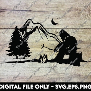 Fogata con montañas y un sasquatch de Bigfoot: archivos digitales SVG, PNG y EPS