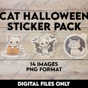 Zestaw naklejek Halloween Cat | 14 obrazów PNG | Urocze koty z kostiumami, prześcieradłami duchów i dyniami
