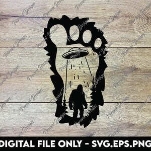 Bigfoot UFO - Scène d'empreinte de forêt avec enlèvement par des extraterrestres - Fichiers numériques Svg, Eps, Png