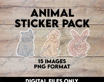 Paquete de pegatinas de animales dibujadas a mano / Imágenes PNG de perros, gatos y conejos (descarga digital)
