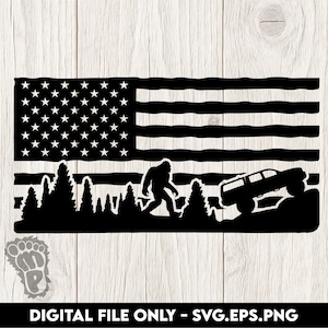 Bigfoot Chasing Tacoma 4 door with Camper Shell with USA Flag - SVG, PNG, Eps Patriotic Digital Files