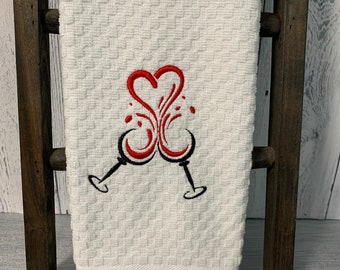 Valentine embroidered wine glass heart on a kitchen towel. Valentine gift.