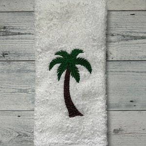 Embroidered Palm tree hand towel. Palm tree towel. Palm tree bathroom decor.