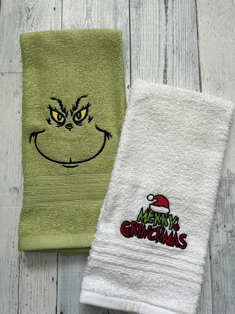 Set of Merry Grinchmas Embroidered Hand Towelsbathroom Hand Towels