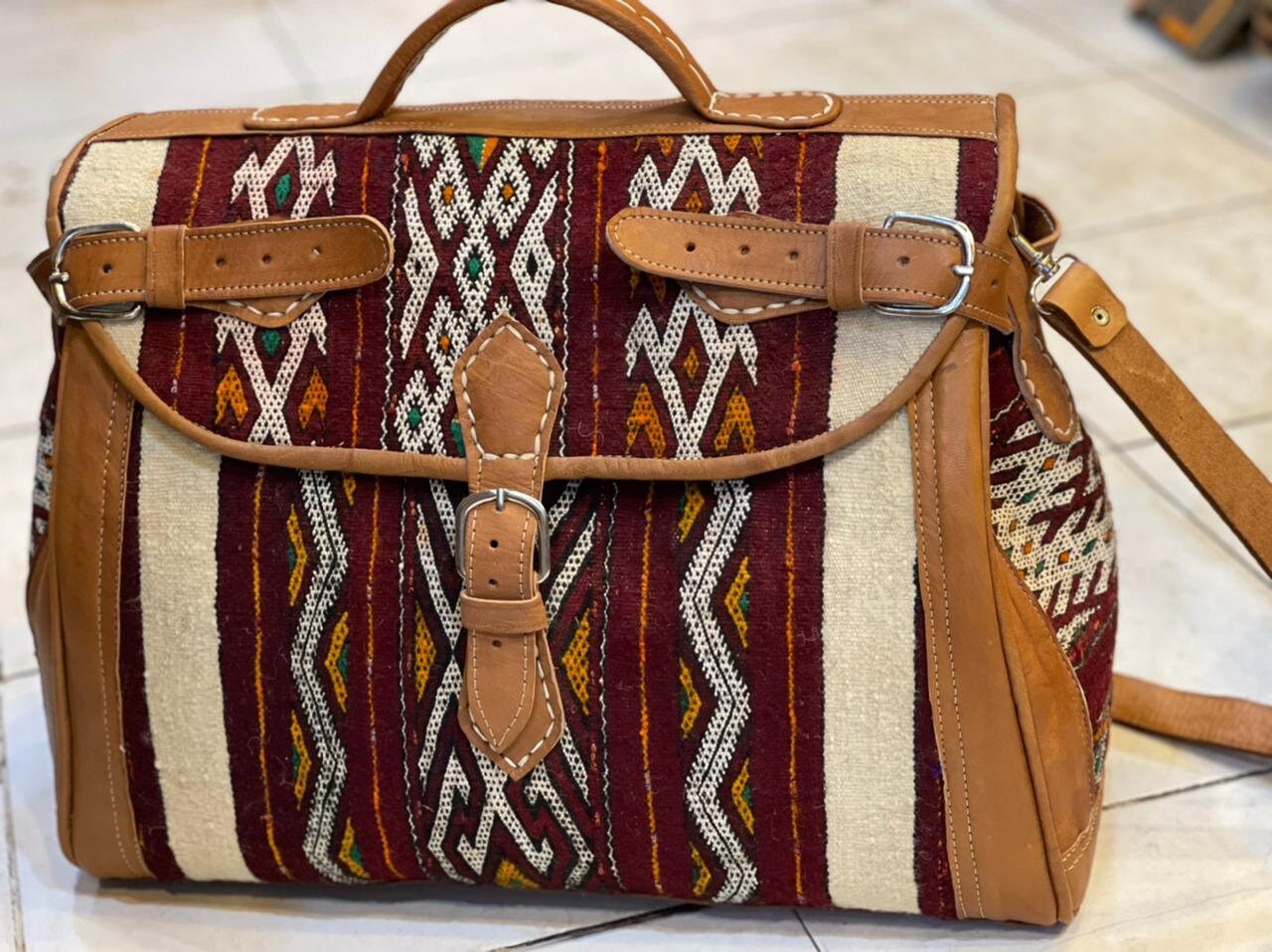 Leather kilim travel Bag Moroccan Plaid Weekender Handmade | Etsy