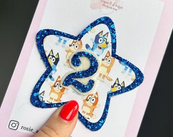 bluey birthday badge, blue glitter badge